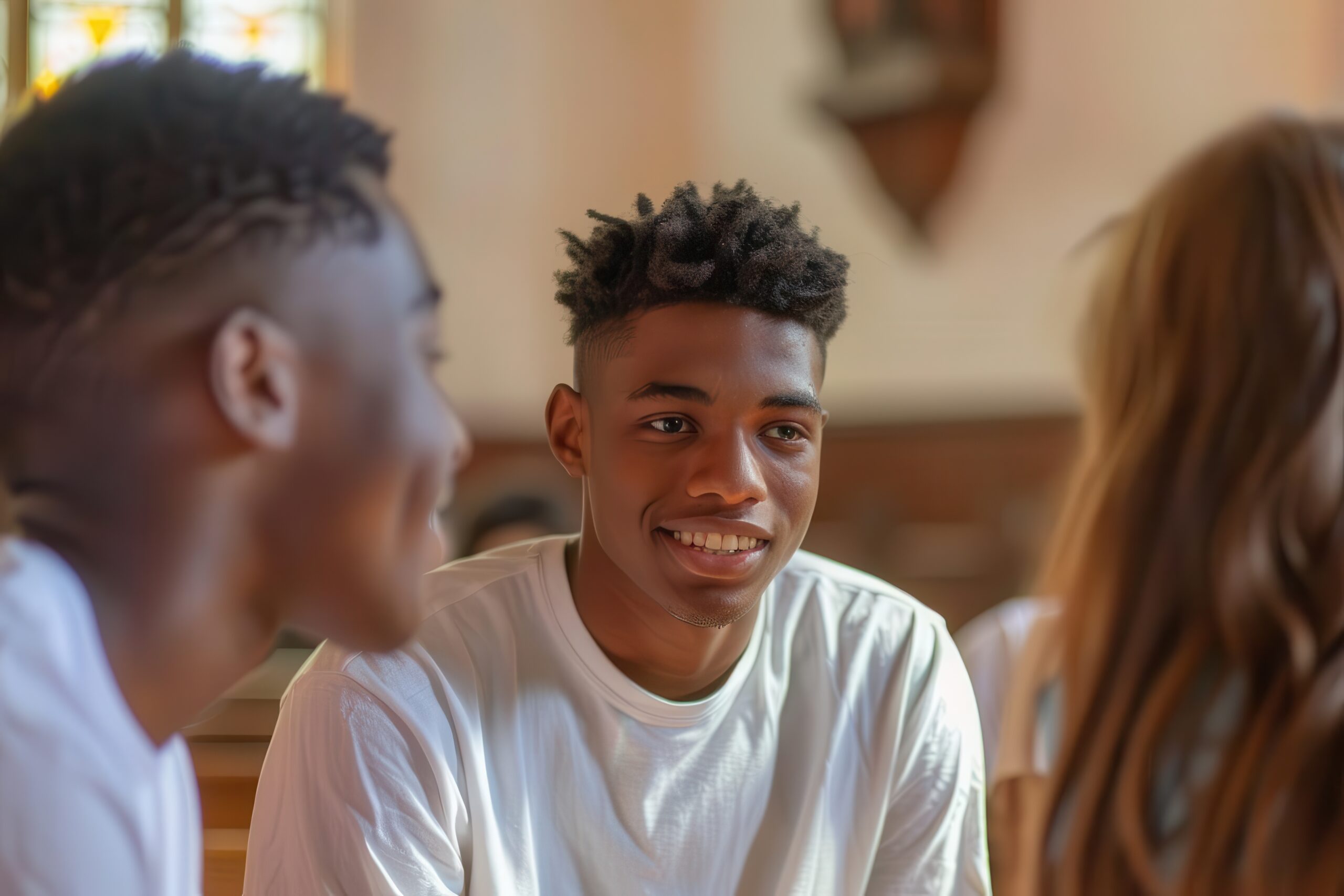 diverse group of teenagers engaged in lively church youth group discussion sharing thoughts and ideas candid meeting photo